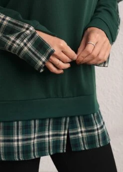 Green Plaid Long Sleeve Faux Two Piece Hoodie -Rosewe Promotion Store 284458 P 16345516491135
