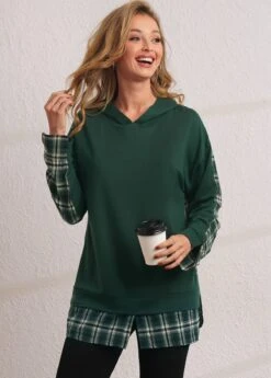 Green Plaid Long Sleeve Faux Two Piece Hoodie -Rosewe Promotion Store 284458 P 16345516491283