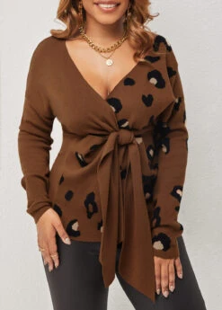Brown Tie Front V Neck Leopard Sweater