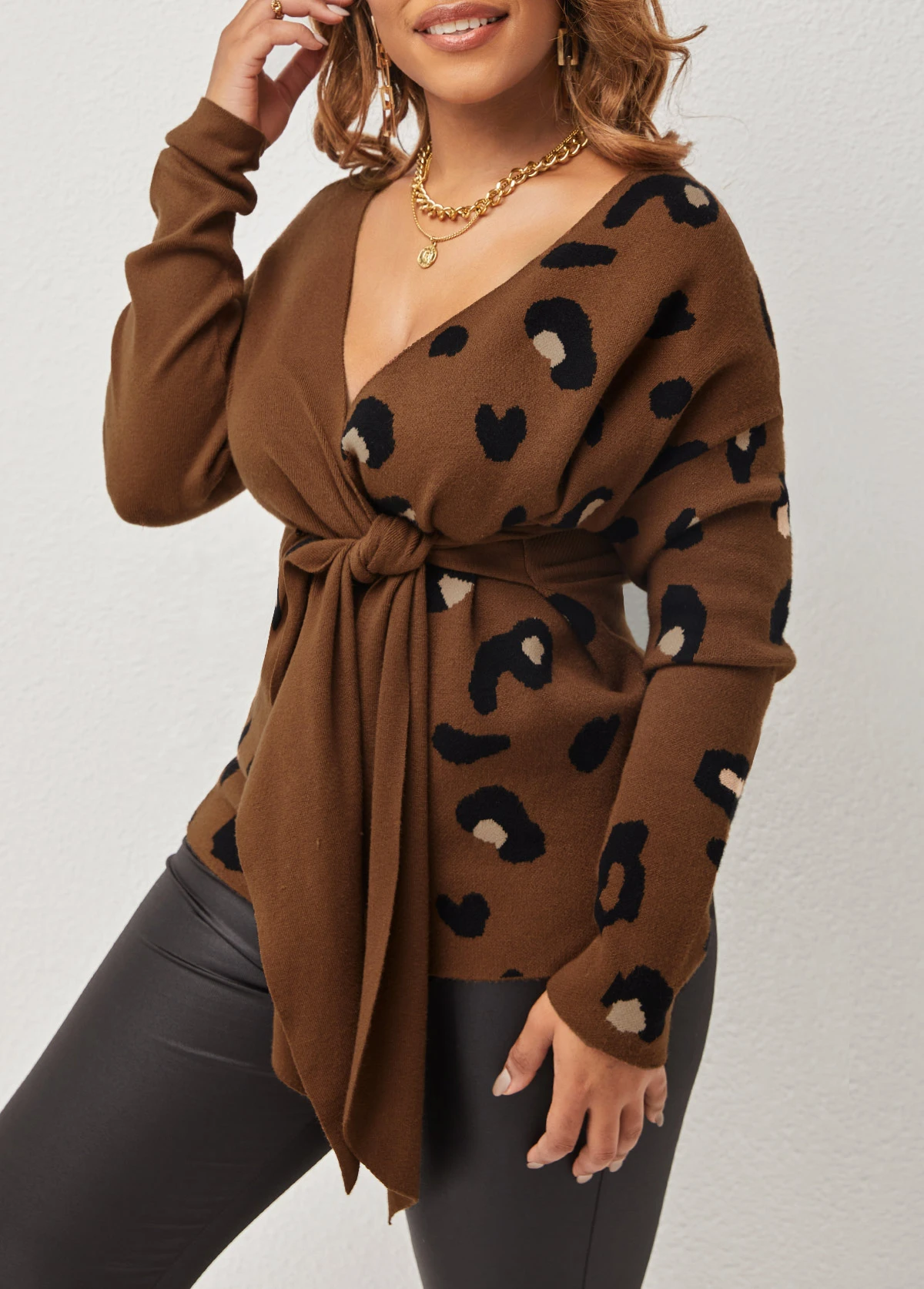 Brown Tie Front V Neck Leopard Sweater 5 Brown Tie Front V Neck Leopard Sweater - Image 3