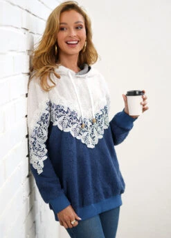 Color Block Lace Stitching Drawstring Detail Hoodie -Rosewe Promotion Store 285234 P 16375594126365