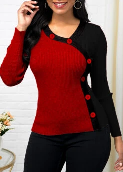 Long Sleeve Asymmetrical Neck Patchwork Sweater