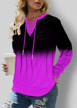 Long Sleeve Ombre Lace Up Sweatshirt