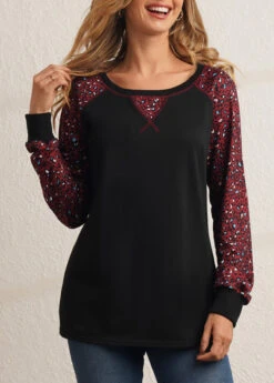 Leopard Round Neck Black Long Sleeve Sweatshirt