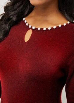 Pearl Detail Keyhole Neckline Wine Red Sweater -Rosewe Promotion Store 285575 P 16357513518403