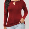 Pearl Detail Keyhole Neckline Wine Red Sweater -Rosewe Promotion Store 285575 P 16357513519870