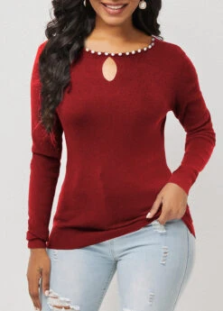 Pearl Detail Keyhole Neckline Wine Red Sweater
