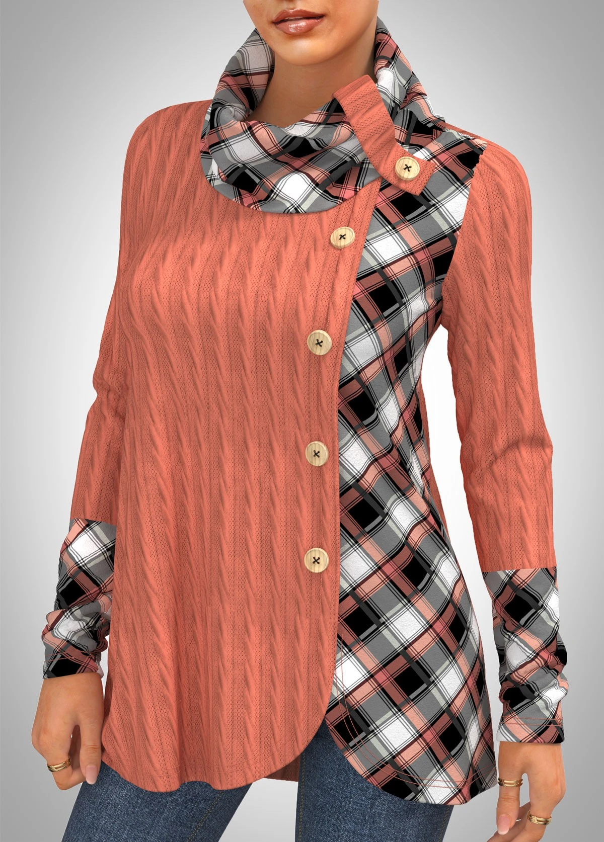 Cowl Neck Twisted Pattern Plaid Sweatshirt 4 Cowl Neck Twisted Pattern Plaid Sweatshirt - Image 2