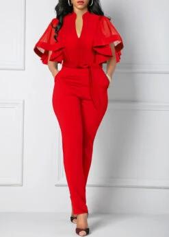 Mesh Belted Red Split Neck Jumpsuit