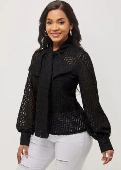 Pierced Tie Front Black Lantern Sleeve Blouse -Rosewe Promotion Store 286018 P 16353237085162