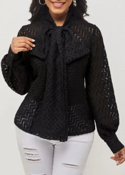 Pierced Tie Front Black Lantern Sleeve Blouse