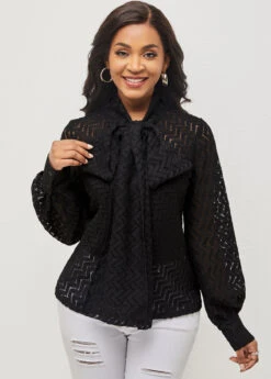 Pierced Tie Front Black Lantern Sleeve Blouse -Rosewe Promotion Store 286018 P 16353237088335
