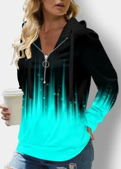 Long Sleeve Quarter Zip Drawstring Ombre Hoodie