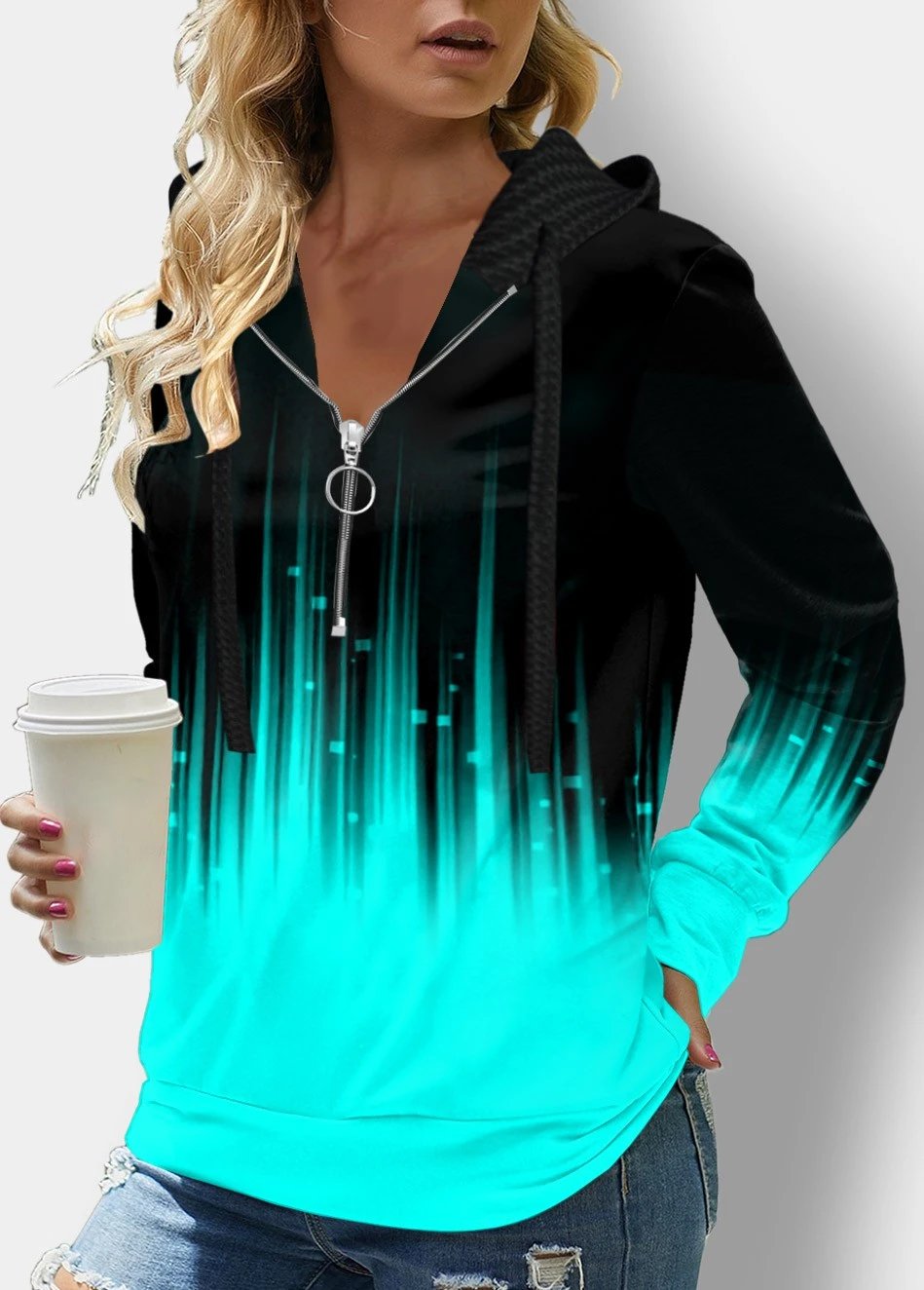 Long Sleeve Quarter Zip Drawstring Ombre Hoodie 3 Long Sleeve Quarter Zip Drawstring Ombre Hoodie