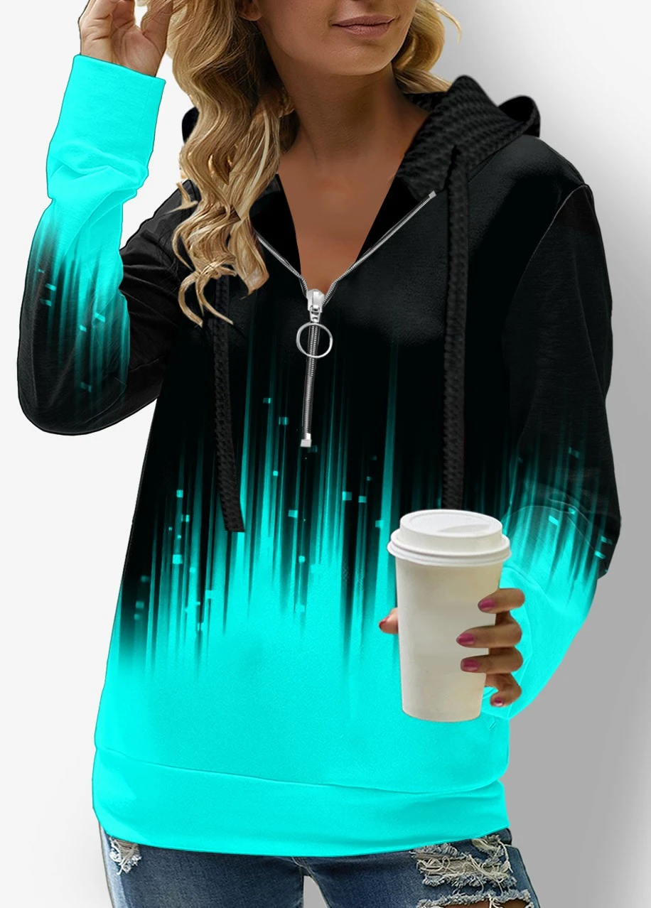 Long Sleeve Quarter Zip Drawstring Ombre Hoodie 5 Long Sleeve Quarter Zip Drawstring Ombre Hoodie - Image 3