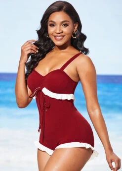 Lace Up Flounce Wine Red One Piece Swimwear -Rosewe Promotion Store 286579 P 16372204290952