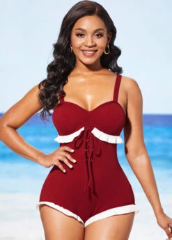 Lace Up Flounce Wine Red One Piece Swimwear -Rosewe Promotion Store 286579 P 16372204295353