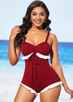 Lace Up Flounce Wine Red One Piece Swimwear