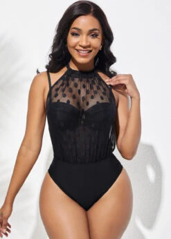 Mesh Stitching Polka Dot Black One Piece Swimwear -Rosewe Promotion Store 286636 P 16359347276743
