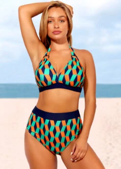 Color Block High Waisted Geometric Print Bikini Set
