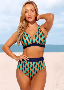 Color Block High Waisted Geometric Print Bikini Set -Rosewe Promotion Store 286689 P 16393853428423