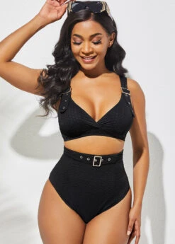 Buckle Detail Black High Waisted Bikini Set