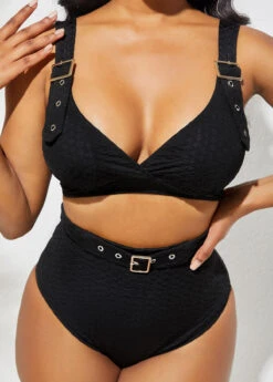 Buckle Detail Black High Waisted Bikini Set -Rosewe Promotion Store 286906 P 1639706923862
