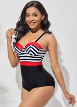 Stripe Print Spaghetti Strap One Piece Swimwear -Rosewe Promotion Store 286923 P 16360188750162