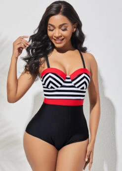 Stripe Print Spaghetti Strap One Piece Swimwear -Rosewe Promotion Store 286923 P 16360188756513