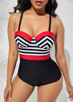 Stripe Print Spaghetti Strap One Piece Swimwear