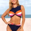 Navy Blue High Waisted Twist Contrast Bikini Set -Rosewe Promotion Store 286961 P 16409407476400