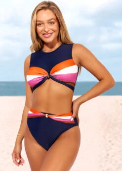 Navy Blue High Waisted Twist Contrast Bikini Set -Rosewe Promotion Store 286961 P 16409407477412