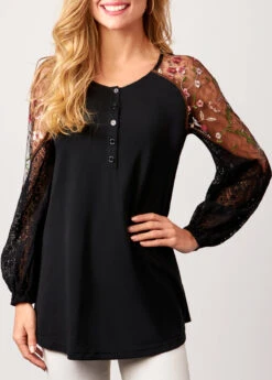 Lace Stitching Black Long Sleeve Blouse -Rosewe Promotion Store 286969 P 16375744652770
