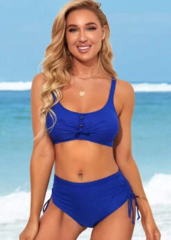 Tie Side Blue Shirred Royal Waist Bikini Set -Rosewe Promotion Store 287176 P 16478642200884
