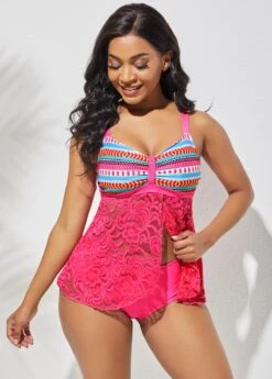 Rose Red Geometric Print Cross Strap Tankini Set 10 Rose Red Geometric Print Cross Strap Tankini Set -Rosewe Promotion Store 287179 P 1639645647593