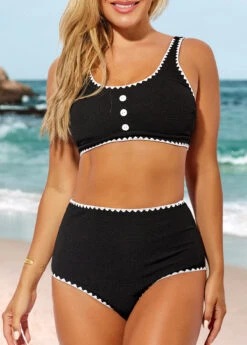 High Waisted Black Decorative Button Bikini Set