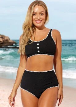 High Waisted Black Decorative Button Bikini Set -Rosewe Promotion Store 287354 P 16424979813714