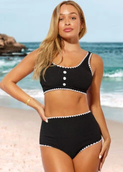 High Waisted Black Decorative Button Bikini Set -Rosewe Promotion Store 287354 P 16424979818273