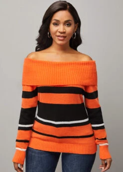 Striped Off Shoulder Long Sleeve Orange Sweater -Rosewe Promotion Store 287549 P 16341233282194