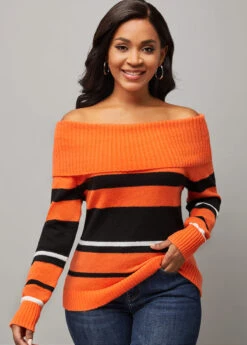 Striped Off Shoulder Long Sleeve Orange Sweater -Rosewe Promotion Store 287549 P 16341233287013