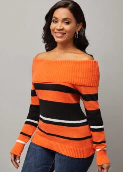 Striped Off Shoulder Long Sleeve Orange Sweater -Rosewe Promotion Store 287549 P 16341233288392