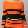 Striped Off Shoulder Long Sleeve Orange Sweater -Rosewe Promotion Store 287549 P 16341233288600
