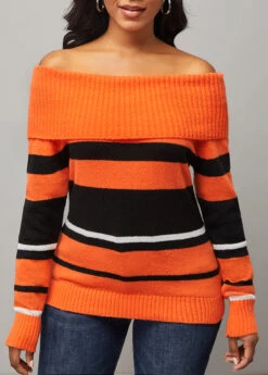Striped Off Shoulder Long Sleeve Orange Sweater