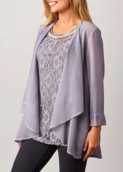 Lace Patchwork Cardigan And Round Neck Grey Tank Top -Rosewe Promotion Store 287553 P 16405846875762