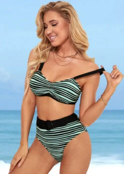 High Waisted Striped Color Block Bikini Set