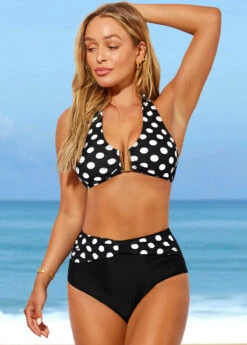 Polka Dot Black High Waisted Halter Bikini Set -Rosewe Promotion Store 287677 P 16388825845863