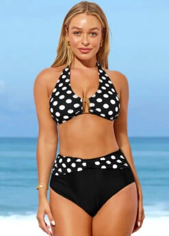 Polka Dot Black High Waisted Halter Bikini Set -Rosewe Promotion Store 287677 P 16388825848764