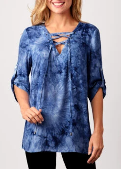 Blue Tie Dye Lace Up Blouse