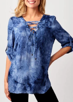 Blue Tie Dye Lace Up Blouse -Rosewe Promotion Store 287688 P 16376591812793