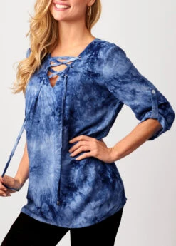 Blue Tie Dye Lace Up Blouse -Rosewe Promotion Store 287688 P 16376591814082